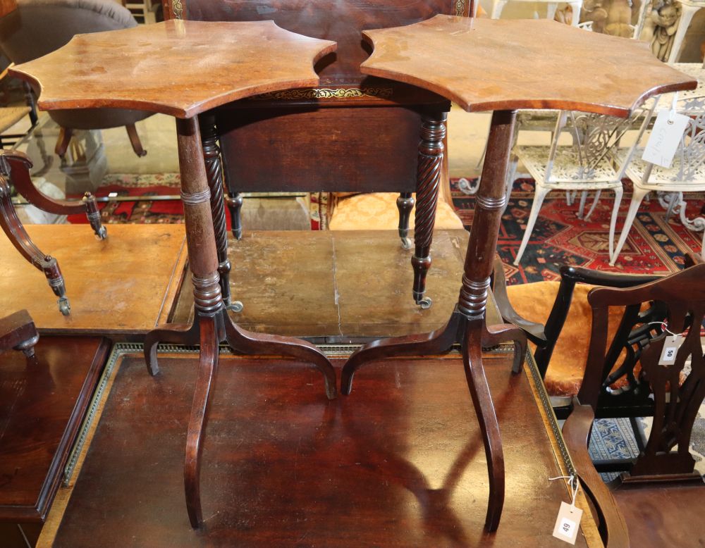 A pair of Regency style mahogany tripod wine tables with shaped circular tops, 44cm diameter, H.71cm